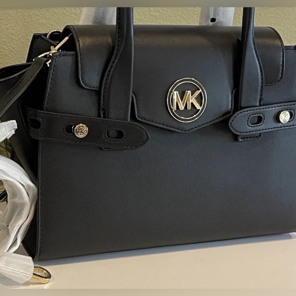 NWT MICHAEL KORS CARMEN MEDIUM FLAP SATCHEL SHOULDER BAG MK BLACK VEGAN LEATHER - Picture 3 of 11